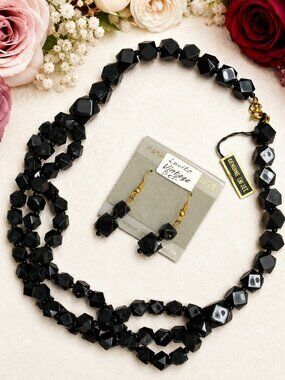 VINTAGE Black Lucite Bead Necklace Dangle Earrings~GENUINE LUCITE Jewelry Set